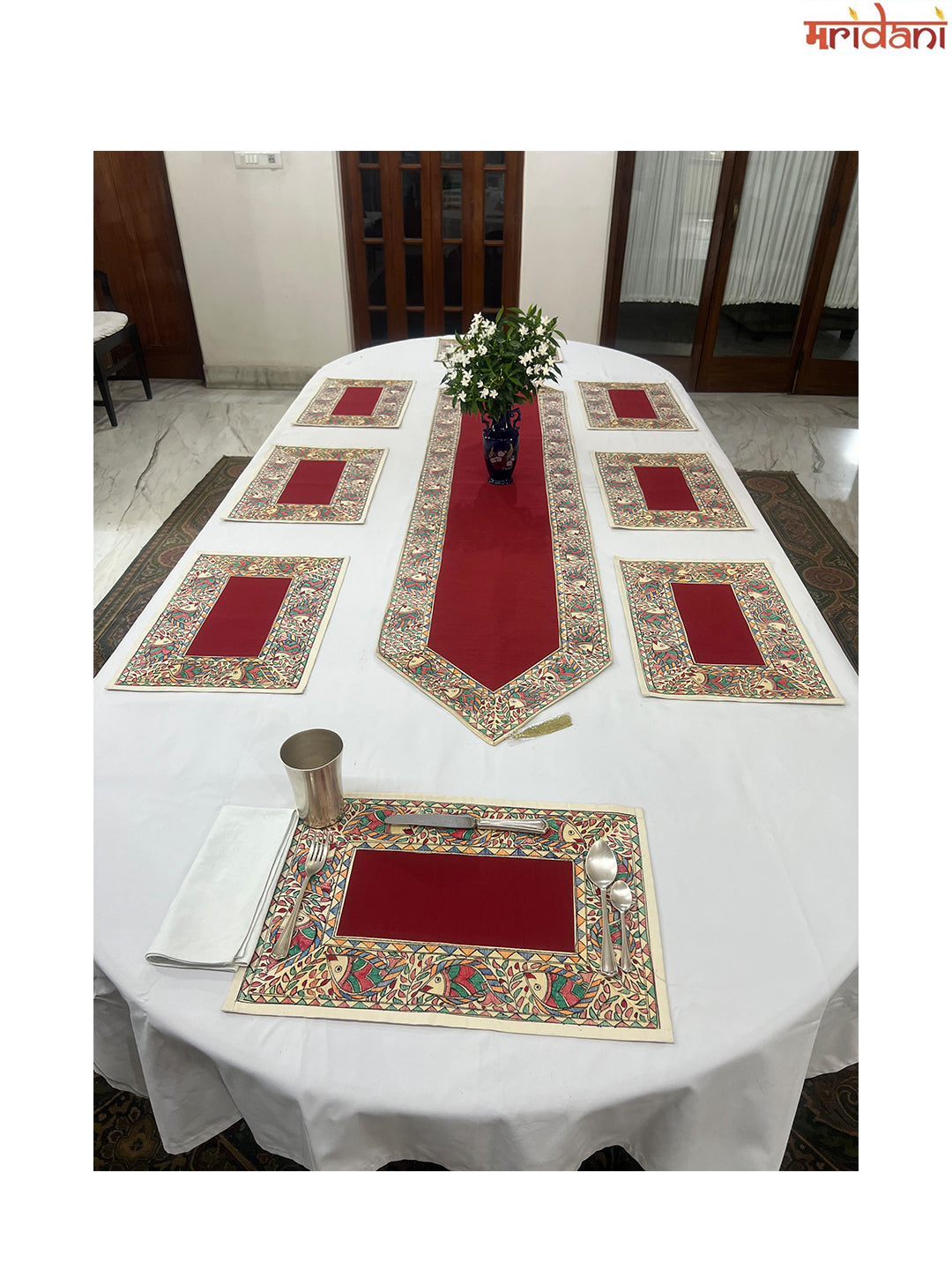 Hand-Painted Madhubani Table Mat Set –  Fish Border on Maroon